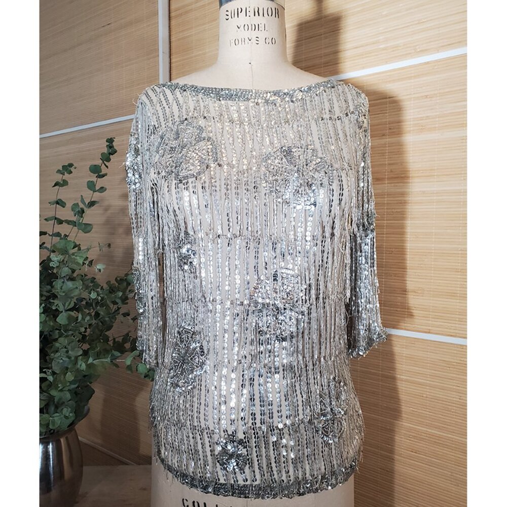 Rare Vintage Silver Glass-Beaded Fringe Silk Tee size XS / S